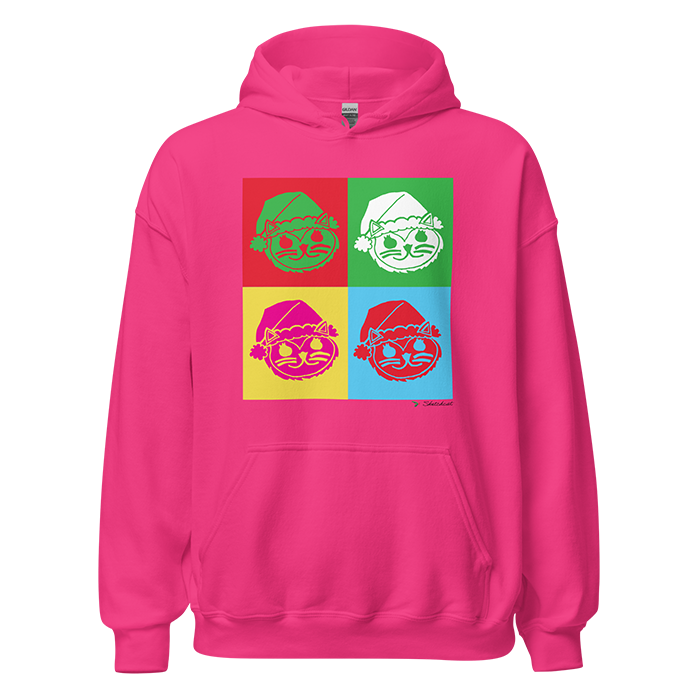 Pink hoodie featuring a pop art style graphic of a smiling face with a Santa hat in four different color variations: red, green, yellow, and blue.