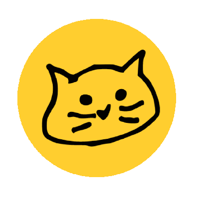 Simple drawing of a cat's face with a smiling expression, yellow background with a butterfly fluttering around