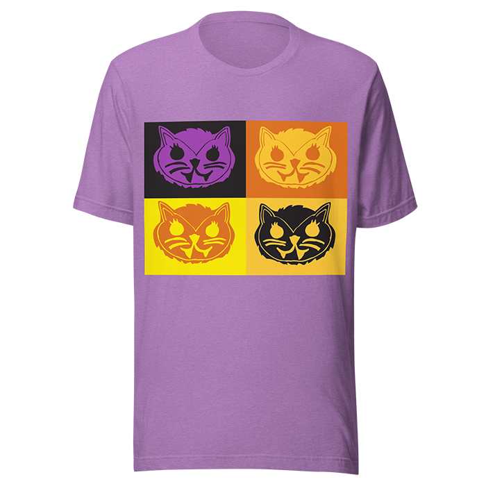A purple T-shirt featuring a graphic design of four stylized cat faces in different colors, arranged in a 2x2 grid, each with a pop art style.