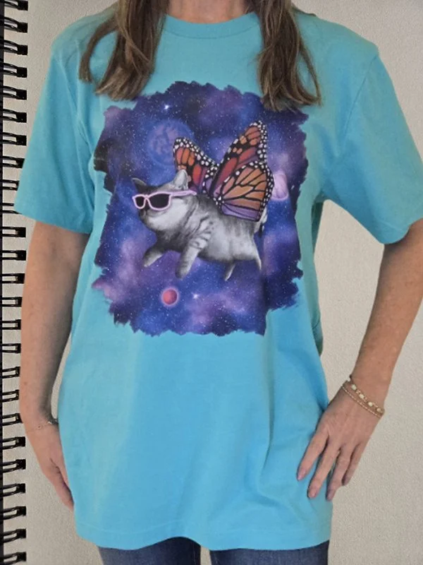 space cat butterfly turquoise shirt cool