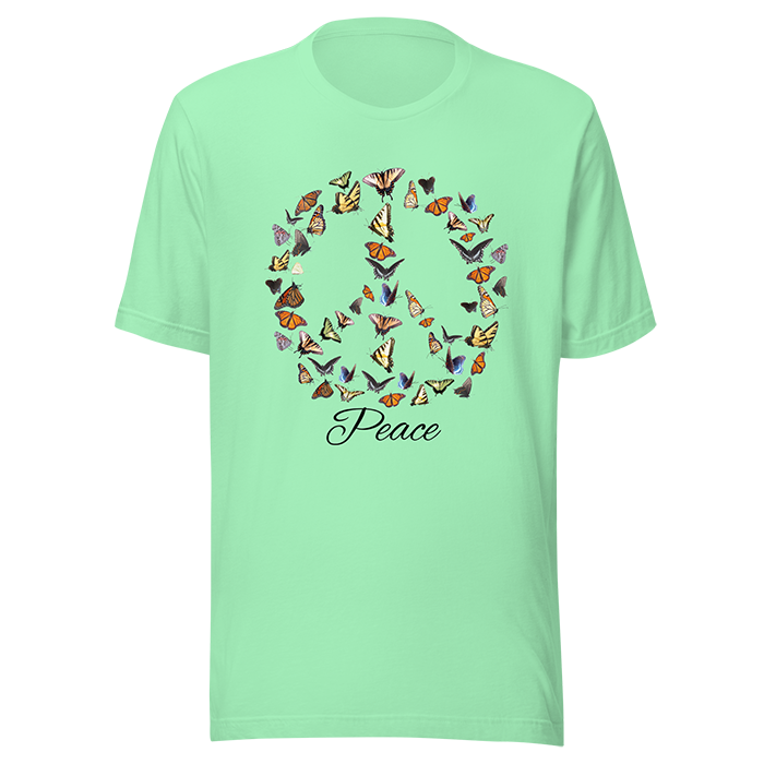 Light green T-shirt with a peace sign made of colorful butterflies and the word "Peace" written below.