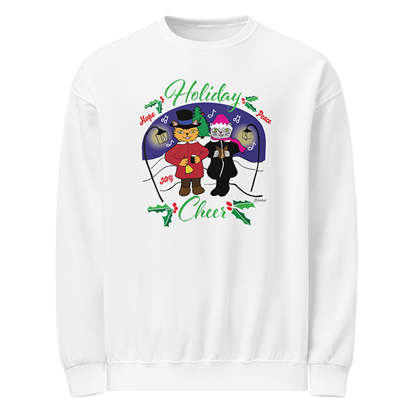 White sweatshirt cats holiday cheer
