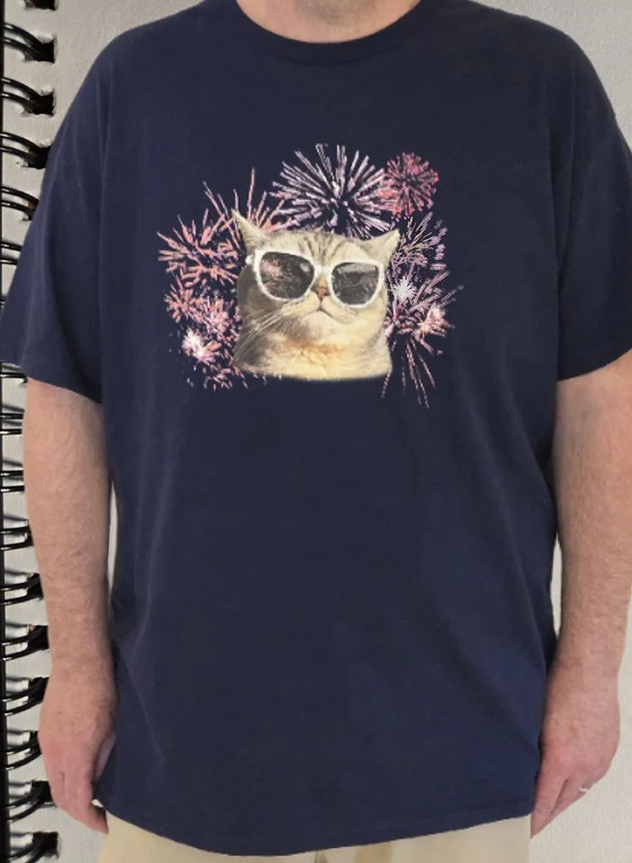 A person wearing a navy T-shirt with a graphic of a cat in sunglasses and fireworks in the background.
