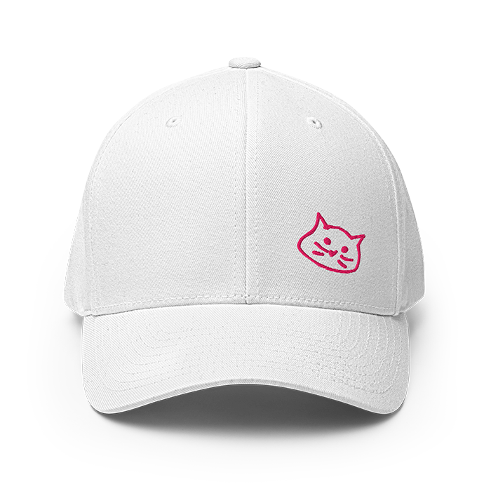 White baseball cap with a pink embroidered cat face logo on the front.