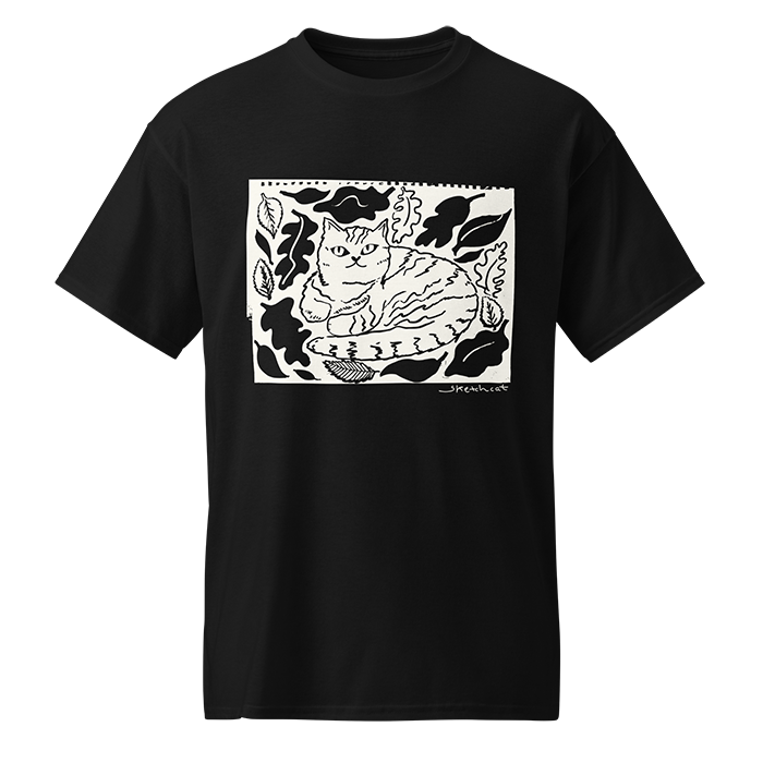 Black T-shirt with a white graphic of a cat surrounded by leaves and shapes, signed 'sketchart' in the bottom right corner.