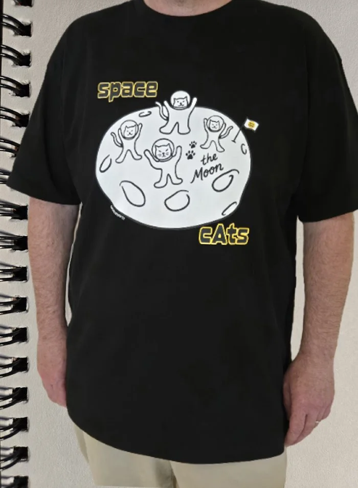 A person wearing a black T-shirt with a design of four cartoon cats on a moon with the text 'space cats' and 'to the moon'.
