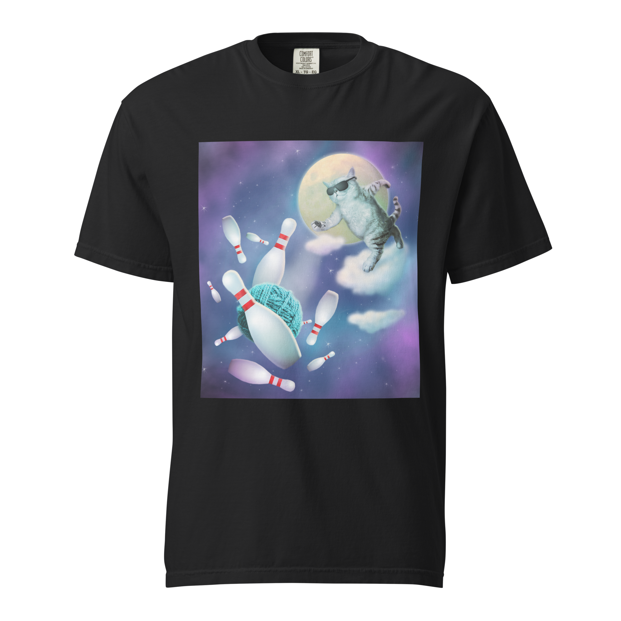 Black t-shirt featuring a cartoon cat with sunglasses, a moon background, and bowling and knocking bowling pins down.