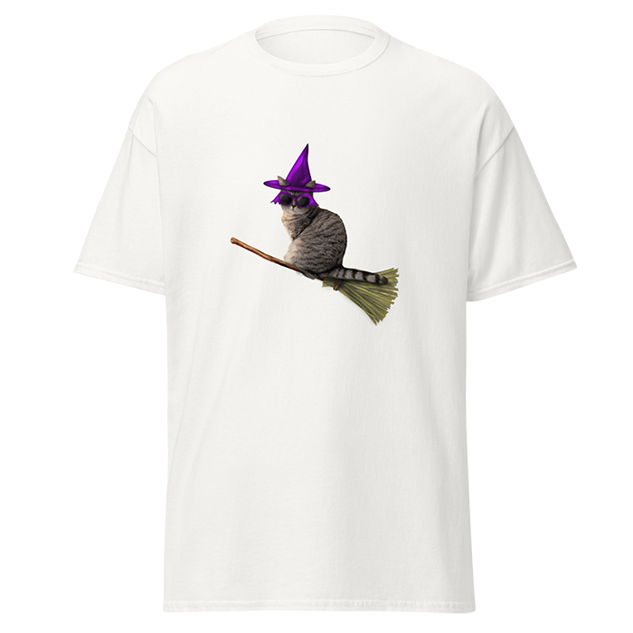 White T-shirt featuring a cat wearing a purple witch hat and glasses, sitting on a broomstick.