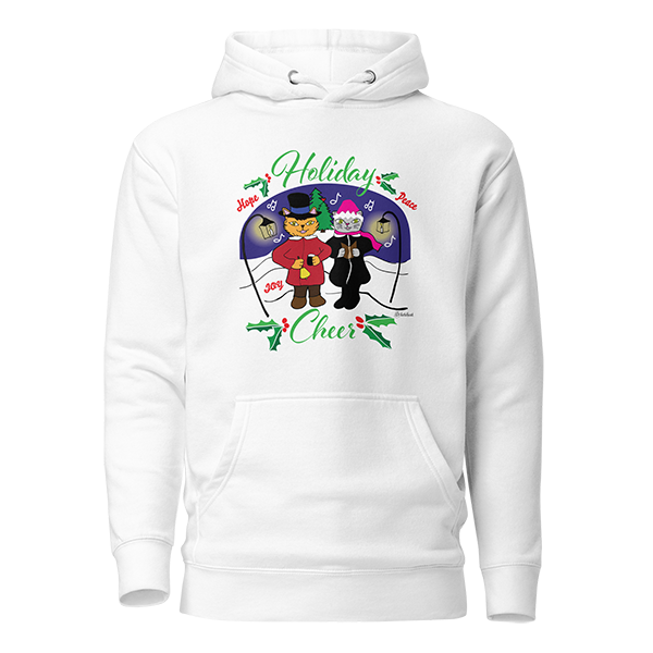 White hoodie with holiday-themed cartoon cat characters .