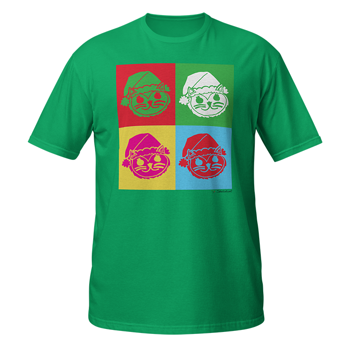 Green T-shirt with a colorful pop art design of a cat wearing a Santa hat, divided into four squares in red, white, yellow, and blue, each containing the same cat face outline.