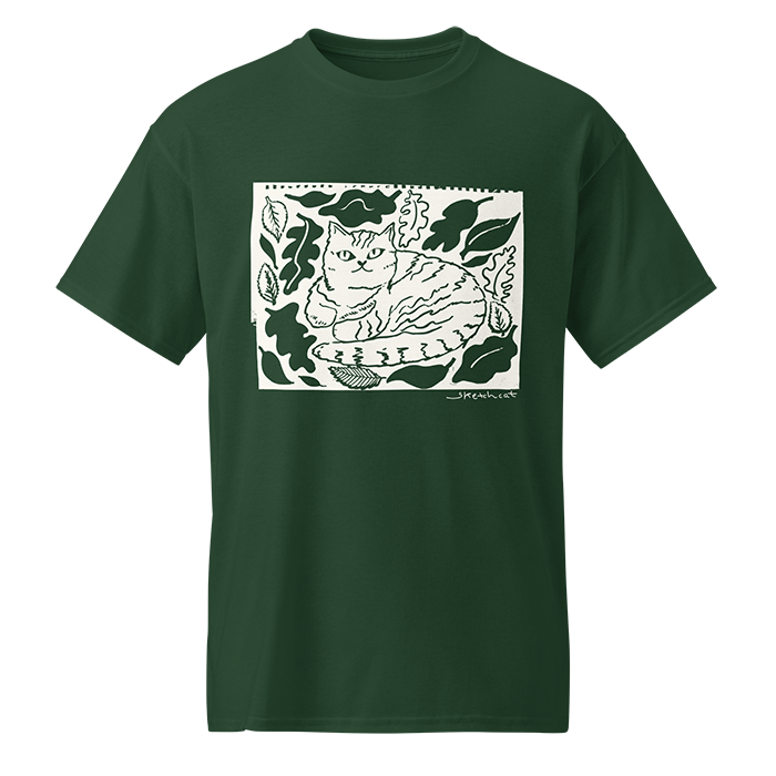 Green t-shirt with a black-and-white illustration of a sitting cat surrounded by leaves.
