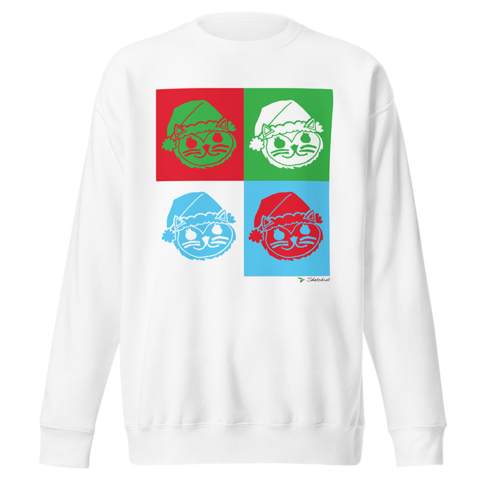 White sweatshirt with a pop art style design featuring four colorful squares each containing a smiling cat face with a Santa hat, in red, green, blue, and light blue.