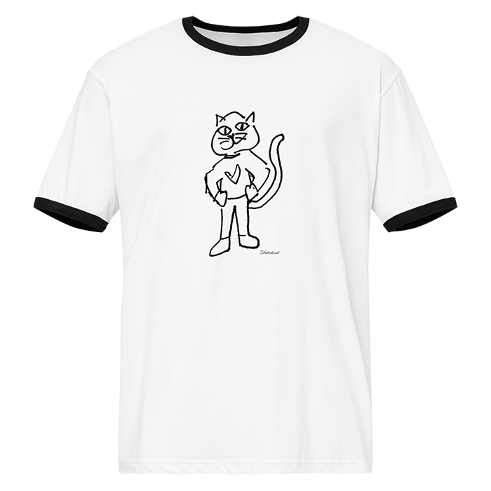 White T-shirt with black trim and a black line drawing of a cat standing upright with one hand on its hip and the other by its side,  and a shirt with a heart on it.
