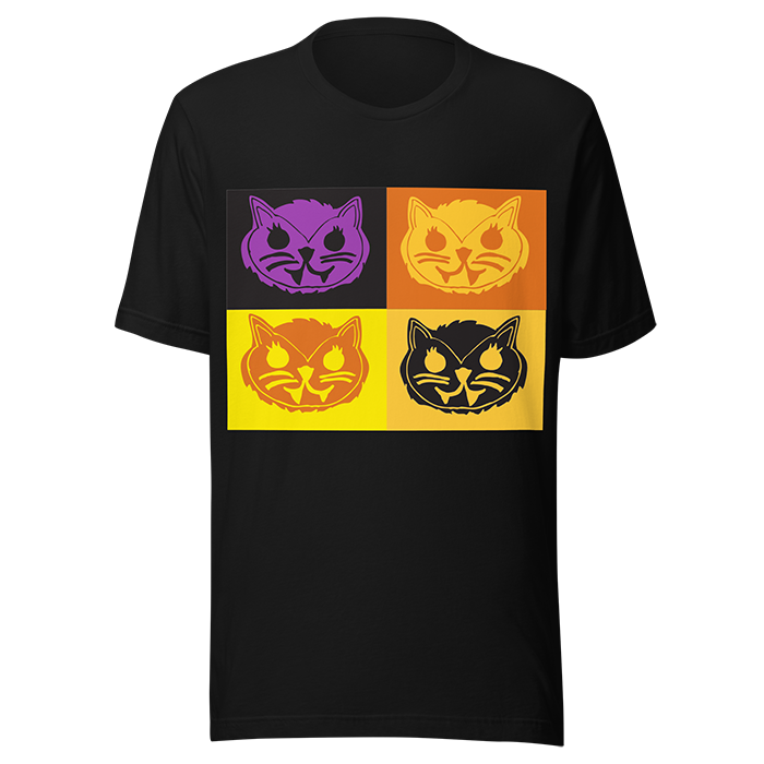 Black T-shirt featuring four stylized cat faces in a pop art style, each in a different color: purple, orange, yellow, and black, arranged in a 2x2 grid.