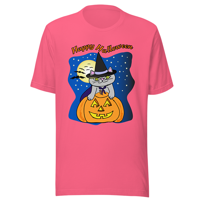 Pink T-shirt with a Halloween-themed graphic featuring a gray cat wearing a witch hat, sitting on a pumpkin, with a full moon and stars in the background, and the text "Happy Halloween" above.