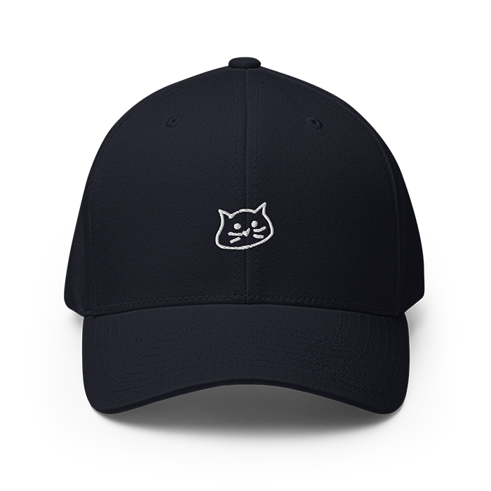 Black cap with embroidered white cat face logo on front