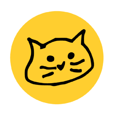 A simple black line drawing of a cat's face on a yellow circular background with a butterfly fluttering around