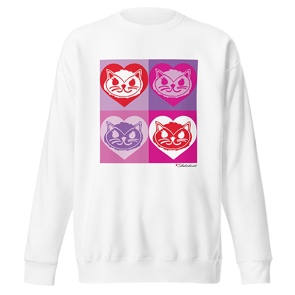 heart pop art cat sweatshirt white
