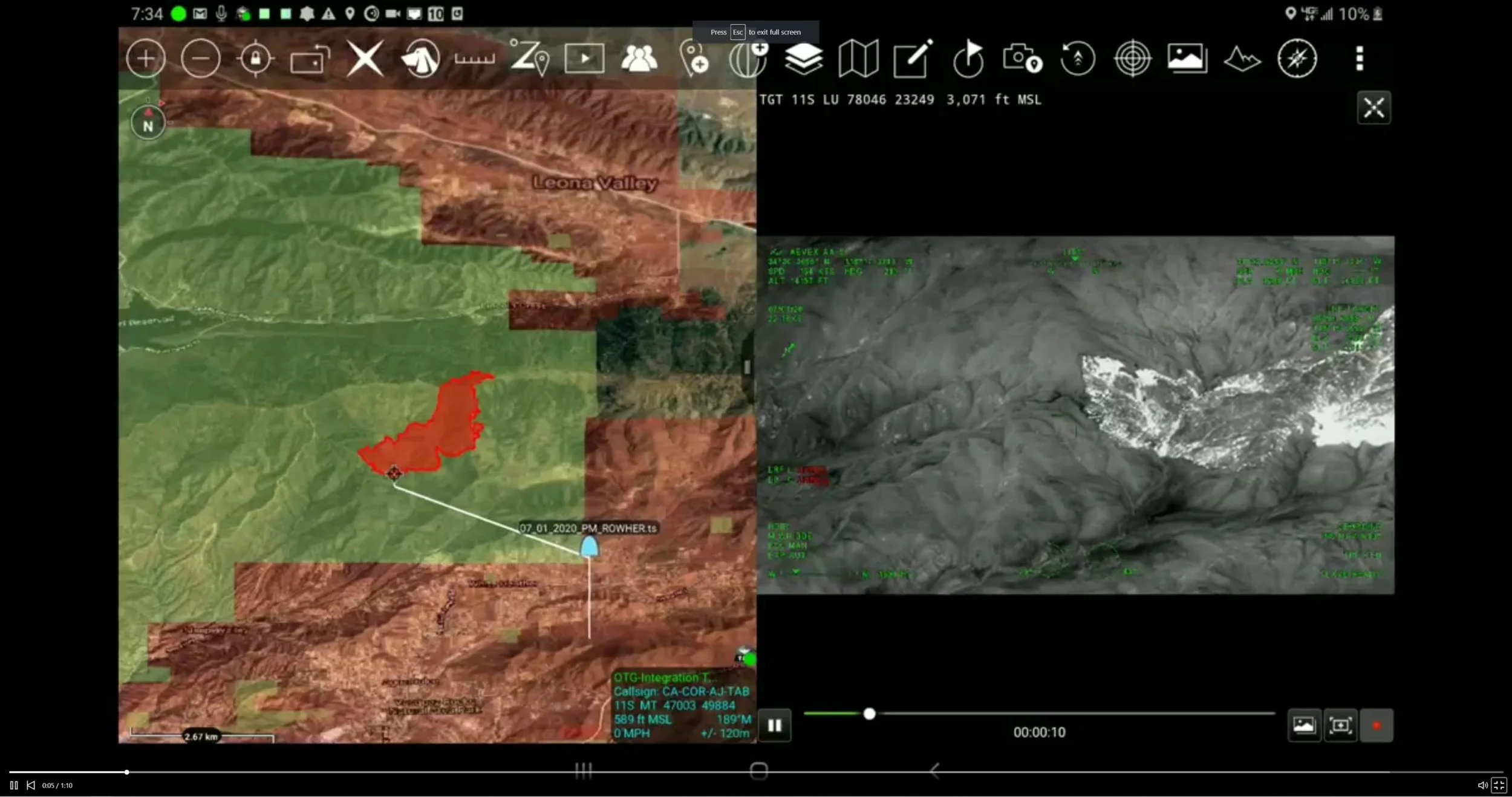 Screenshot of a navigation and mapping interface displaying a terrain in California, with different elevation maps, a marked flight path, and various GPS data on a tablet or computer screen.