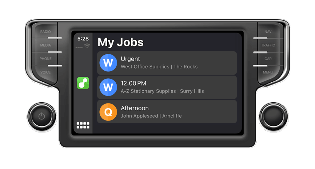 Car dashboard infotainment system displaying calendar events titled 'My Jobs' with scheduled tasks labeled 'Urgent' at West Office Supplies, '12:00 PM' at A-Z Stationary Supplies, and 'Afternoon' at John Appleseed's house.