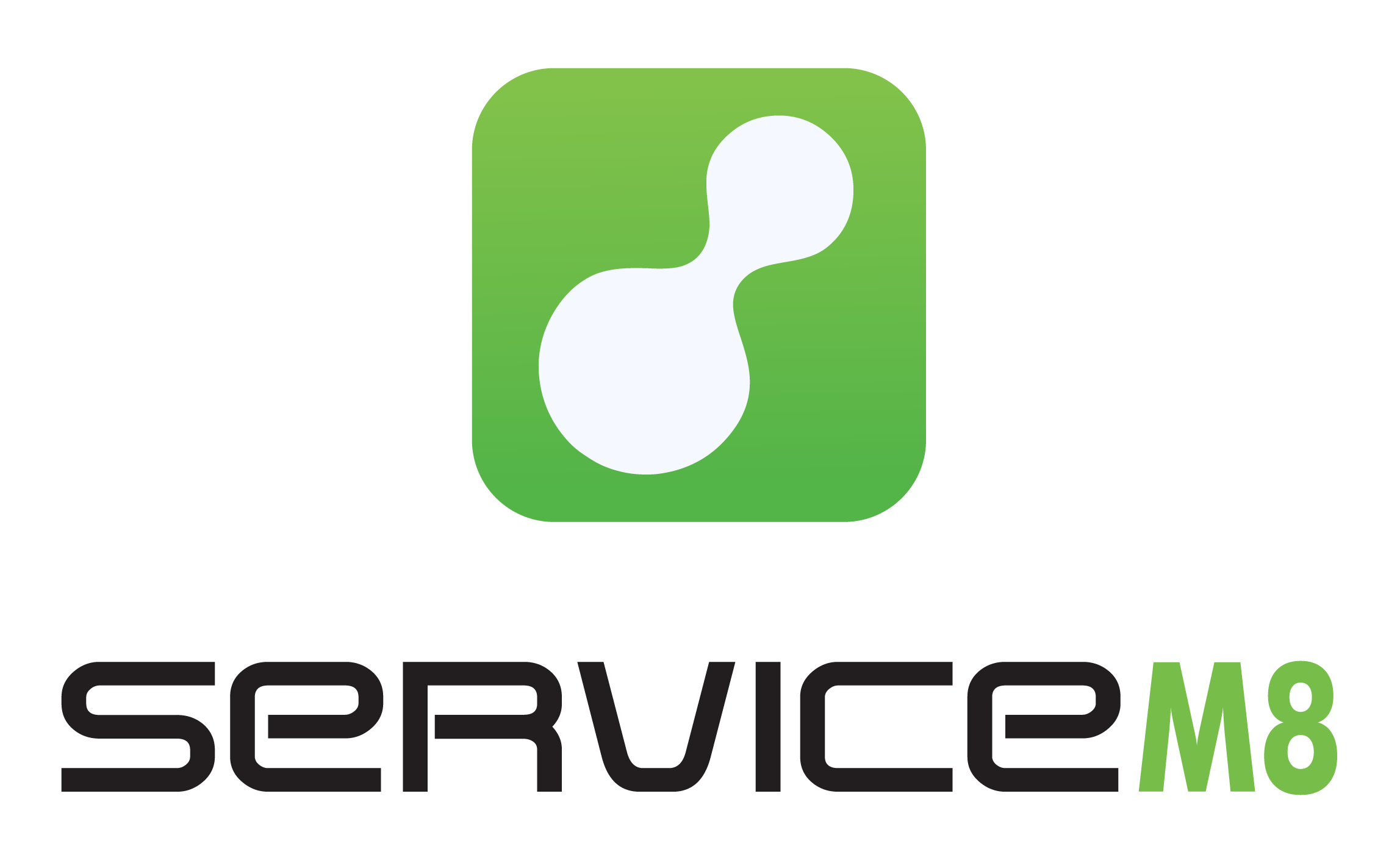 Logo for ServiceM8 featuring a green square with a white abstract shape and the text 'SERVICE M8' with 'SERVICE' in black and 'M8' in green.