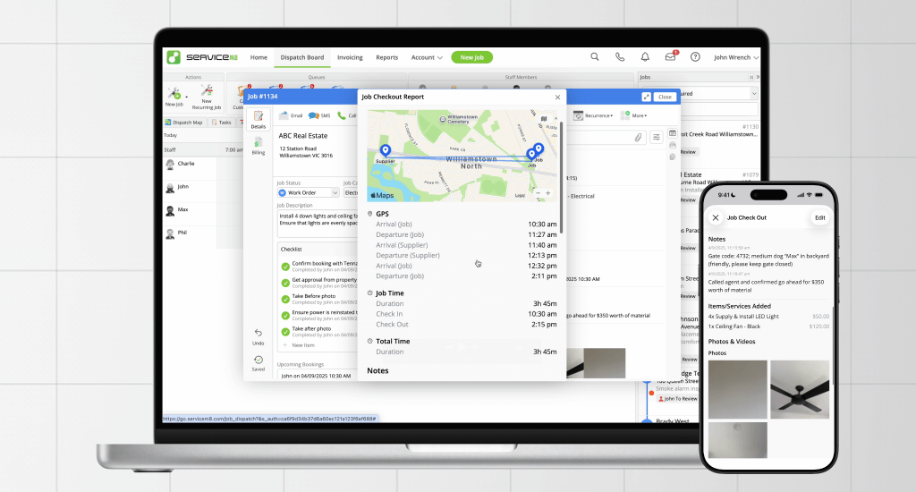 Laptop and smartphone showing a job management and tracking application with maps, checklists, and photos.