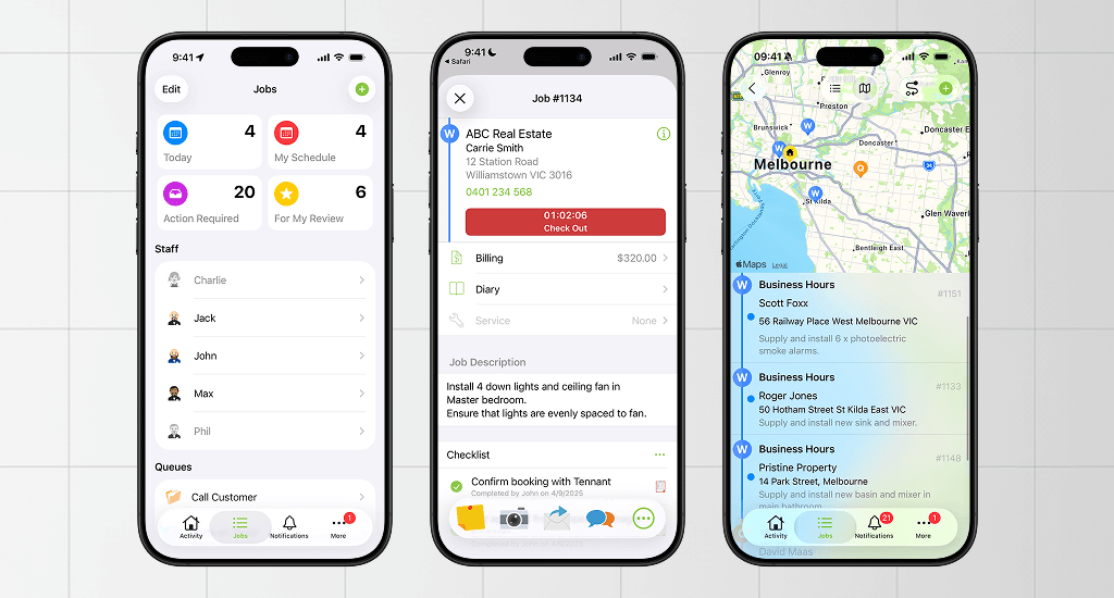 Smartphone screens showing a job management app with scheduling, job details, and a map view of locations.