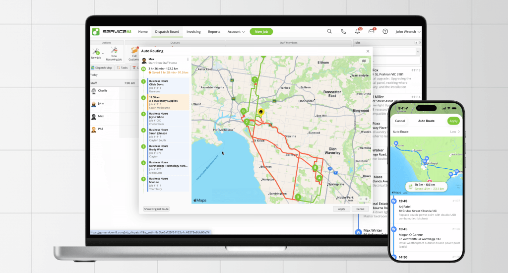 Laptop displaying a route planning map with multiple stops, and a smartphone showing a navigation route, both used for auto routing and delivery scheduling.
