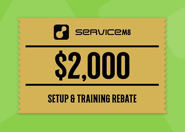 A beige rebate coupon with black text for Service M8, offering a $2,000 setup and training rebate, set against a light green background.