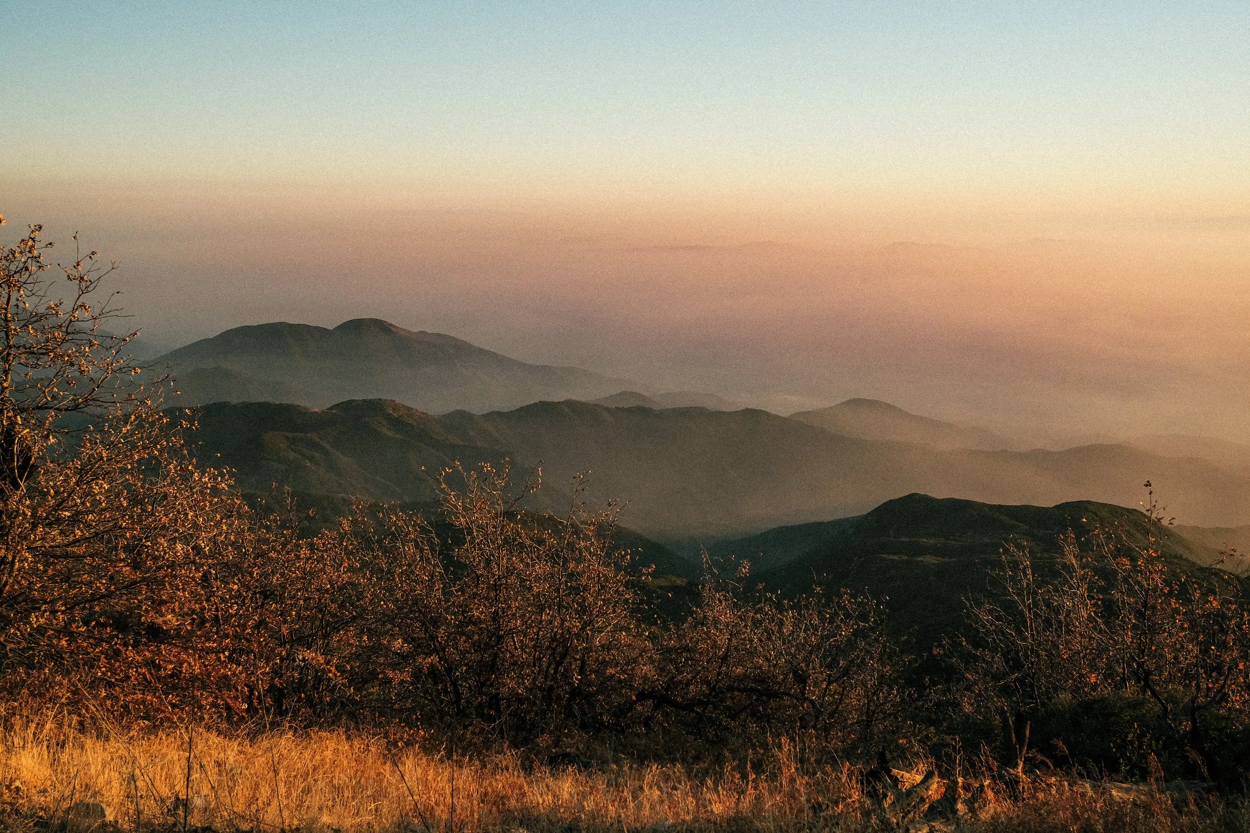 A scenic view of a mountain range during sunset with trees in the foreground and hazy mountains in the background.