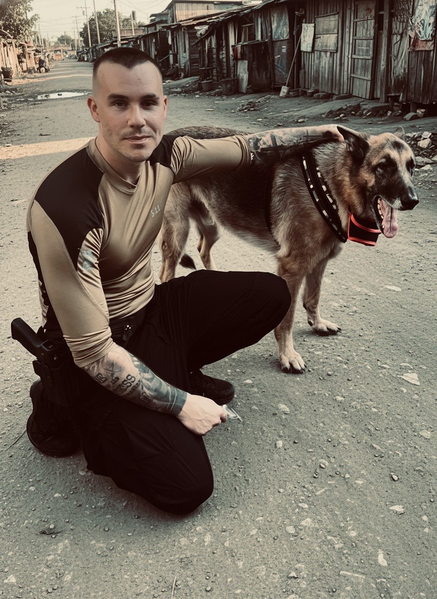 A man with tattoos on his arm, kneeling on a dirt road, has his hand on a large German Shepherd dog wearing a red collar and a black harness. The man is wearing a tan and black shirt and black pants. The background shows a rundown neighborhood with wooden houses and power lines.