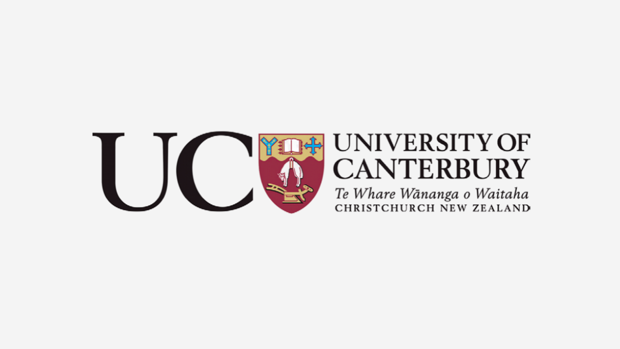 Logo of University of Canterbury featuring a shield with symbolic figures and a crest, along with text indicating the university's name and location in Christchurch, New Zealand.
