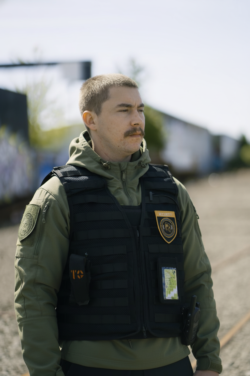A male security officer wearing a green uniform and black tactical vest standing outdoors.