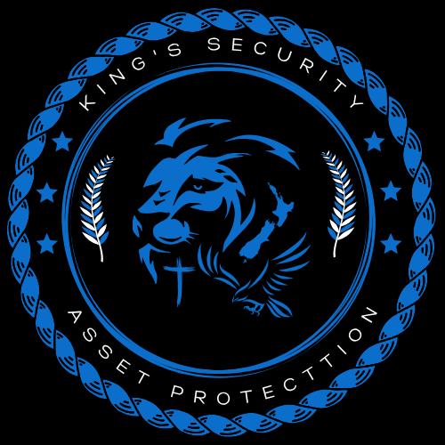 Seal with a blue lion and eagle in the center, surrounded by the words 'KINGS SECURITY' and 'ASSET PROTECTION' within a blue rope border.