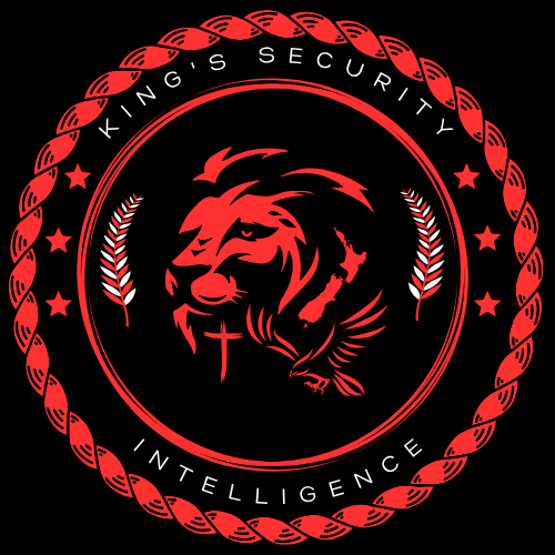A circular emblem with a red and black color scheme. It features a stylized lion's head with a cross and a claw mark. The outer ring has a twisted rope design. The text reads 'King's Security' at the top and 'Intelligence' at the bottom, with stars and laurel branches decorating the design.