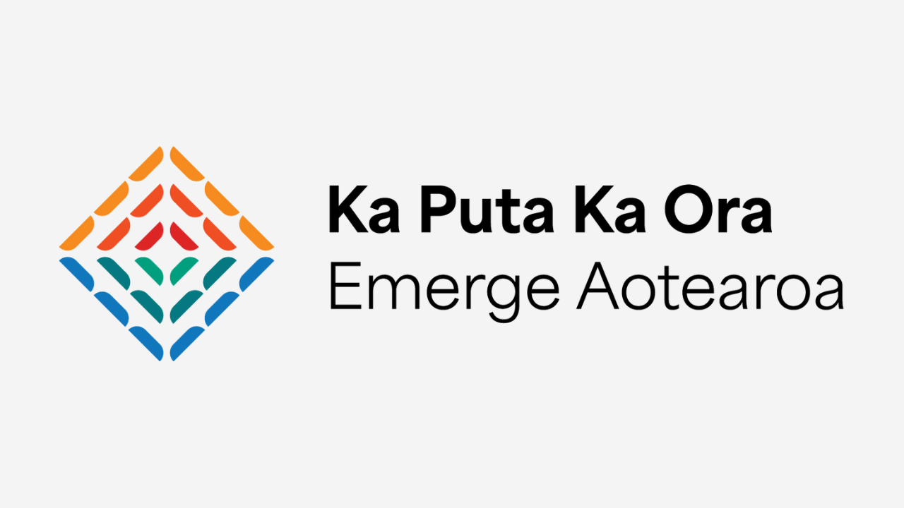 Logo with colorful diamond shape and text that reads 'Ka Puta Ka Ora Emerge Aotearoa'.