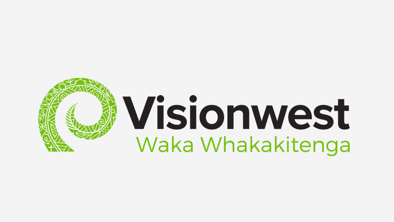 Logo for Visionwest with a green spiral design and Maori patterns, the text "Visionwest" in black and "Waka Whakatenga" in green.