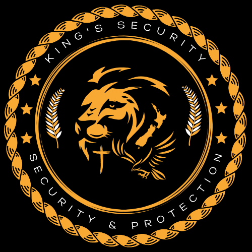 Seal with a lion's face in the center, surrounded by a rope border; text reads "KINGS SECURITY" and "SECURITY & PROTECTION" with decorative wheat and star elements.