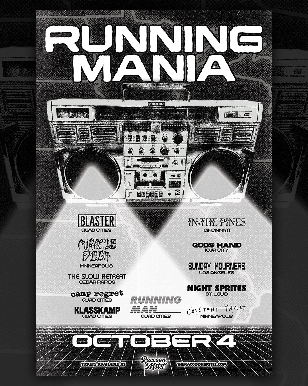 RUNNING MANIA IS COMING FOR YOU! October 4th at the @raccoonmotel local favorites @runningmantheband are hosting a slew of great bands. Come check it out

Tickets available at theraccoonmotel.com