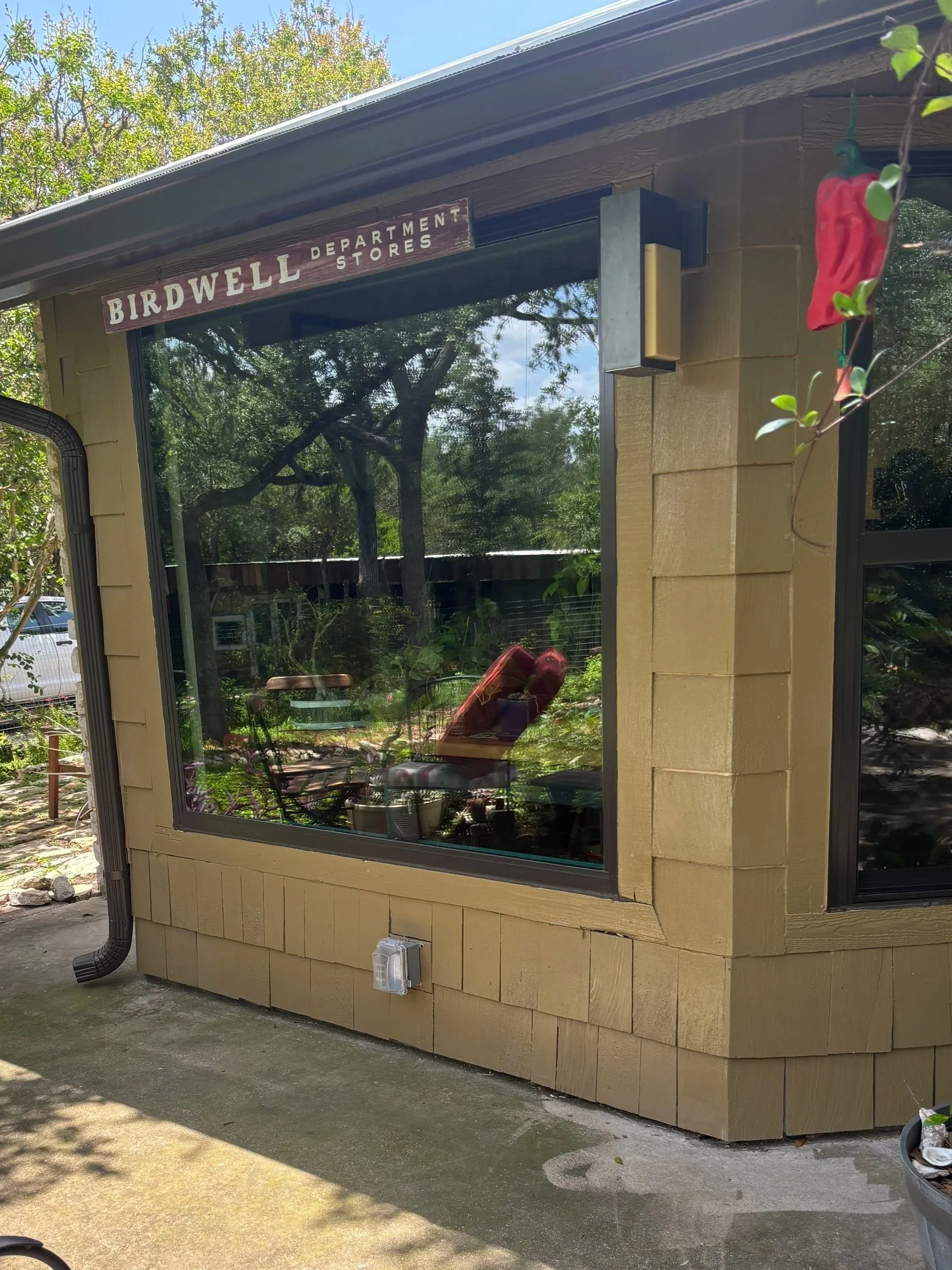 Reflection of trees and outdoor furniture visible through large window of a small building with a sign that reads 'Birdwell Department Stores' above the window. The building's exterior is painted tan and has a gutter along the roof.
