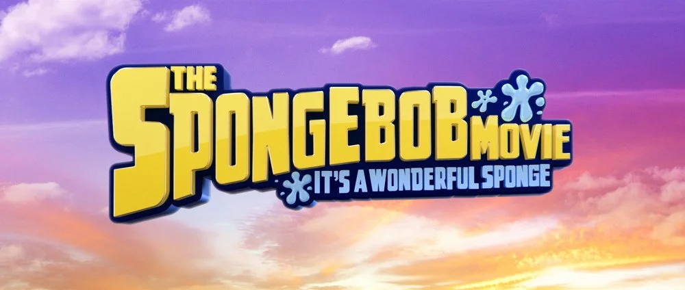 Movie title screen for 'The SpongeBob Movie: It's a Wonderful Sponge' with a colorful sky in the background.