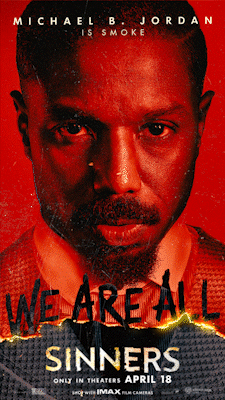 Close-up of Michael B. Jordan's face from the movie poster 'Sinners', with a red background and intense expression.