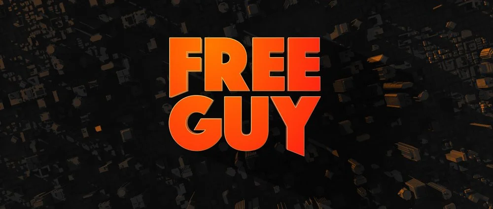 Bold orange text that reads "FREE GUY" against a dark city skyline background.