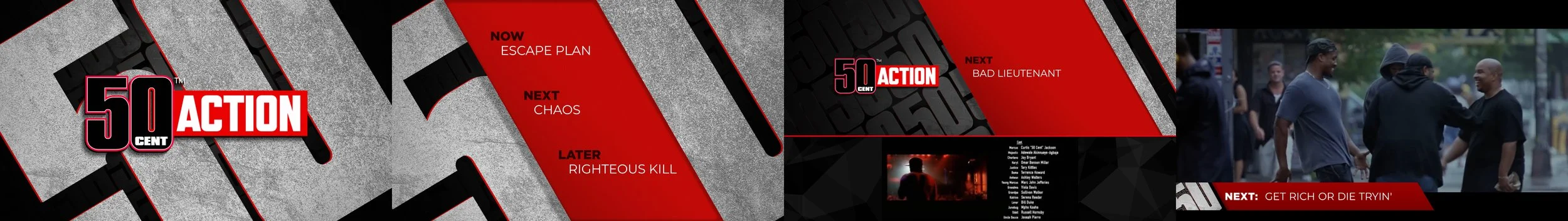 Collage of scenes from a presentation or video, including a close-up of a red and black graphic with '50 Cent Action' text, a list of future topics, and a group of people conversing outdoors. 50 cent fast channel for Roku.