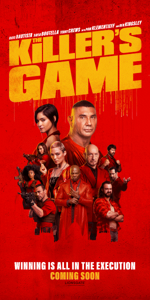 Promotional poster for the movie "The Killer's Game" featuring multiple characters dressed in red and black, with bold yellow and red text, and a red background.