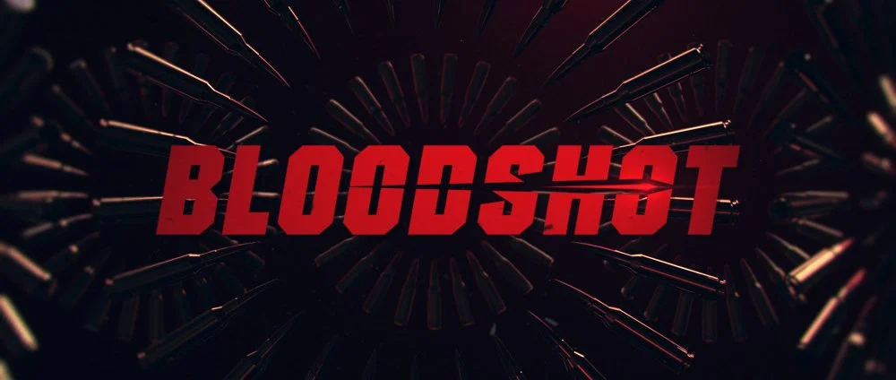 Futuristic digital graphic with red text that reads "BLOODSHOT" and a dark dynamic background with radiating lines.