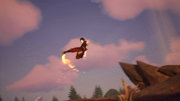 A character flying in the sky with a jetpack, leaving a fiery trail behind, during a sunset with rocky terrain and trees below. Avatar.