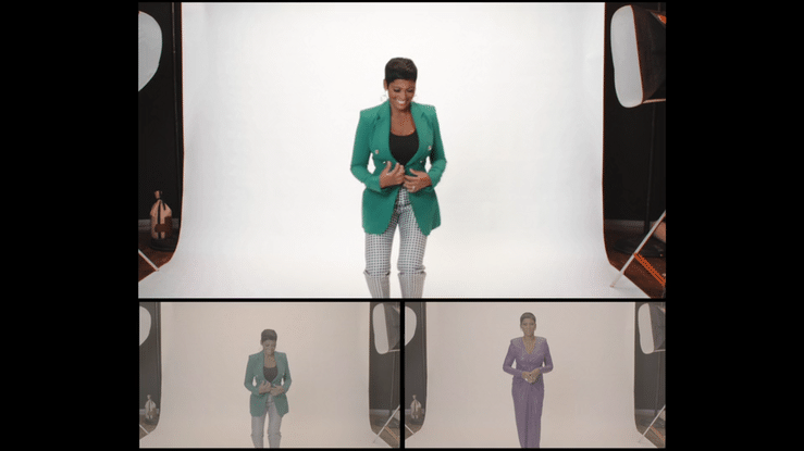 Three women in stylish outfits posing in a photography studio with a white backdrop and professional studio lighting. Tamron Hall promo
