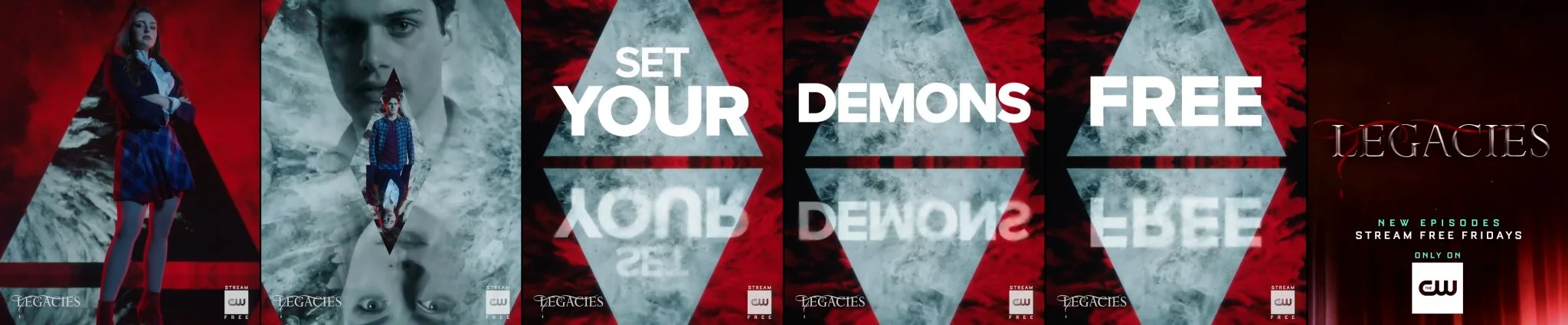 Promotional poster for the TV series 'Legacies' featuring characters and bold text, with a red and gray color scheme. The CW