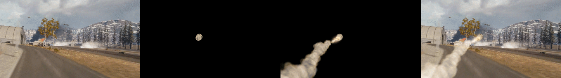 Video game screenshot showing a rocket launch on a rural farm with mountains in the background, split into three parts: a frontal view, a still of the rocket ascending, and a view from behind of the rocket in flight.